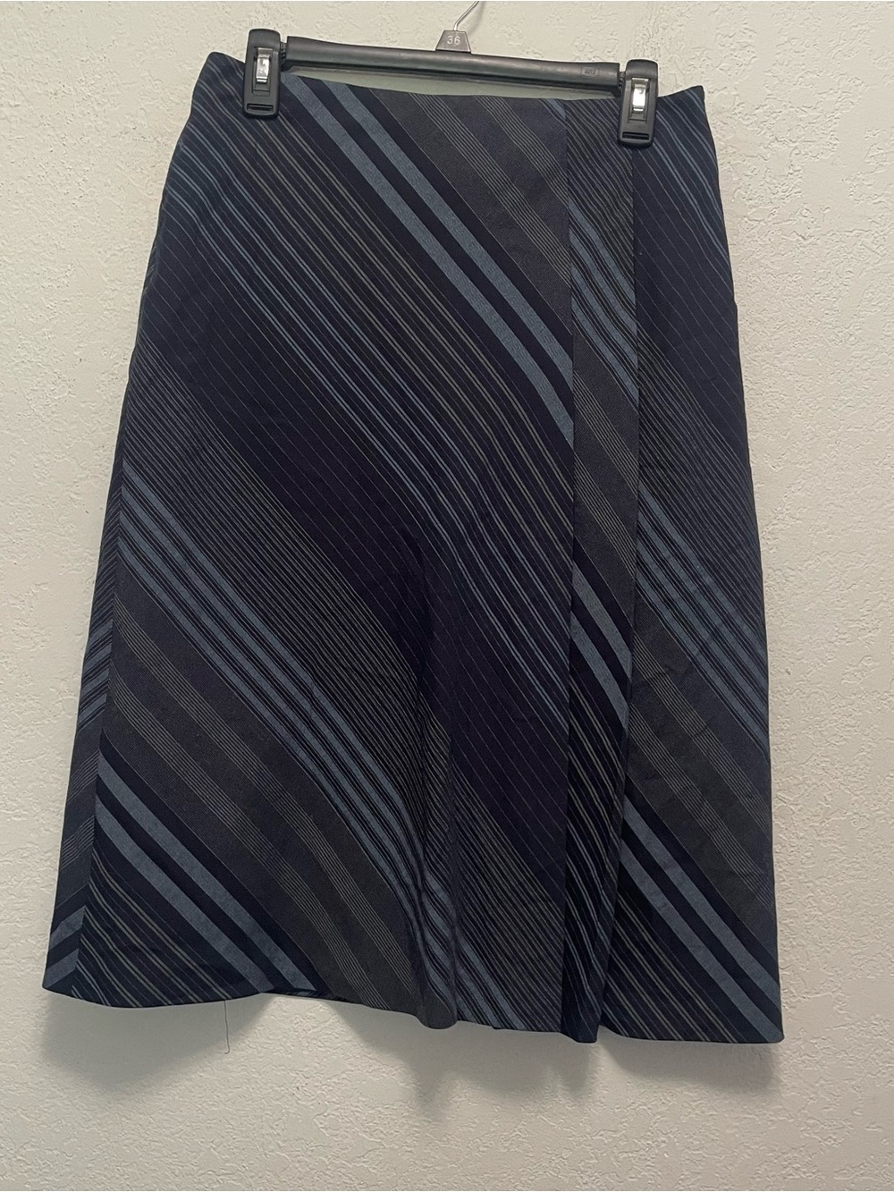 Jones Wear navy and grey diagonal striped A-line midi skirt Size 10